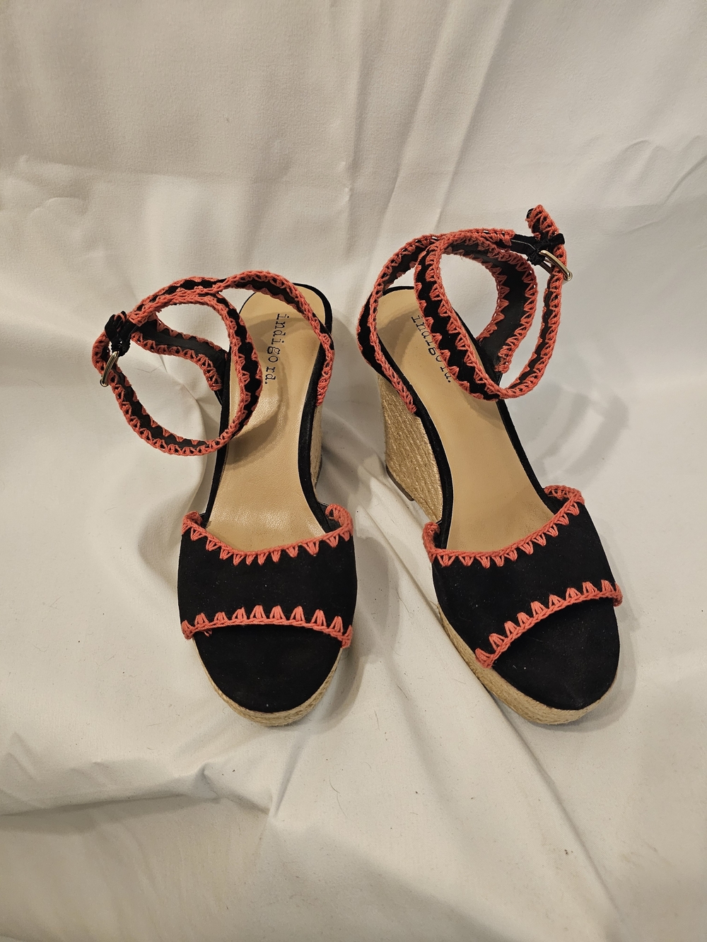 Indigo Black Wedge Sandals with Coral Stitching